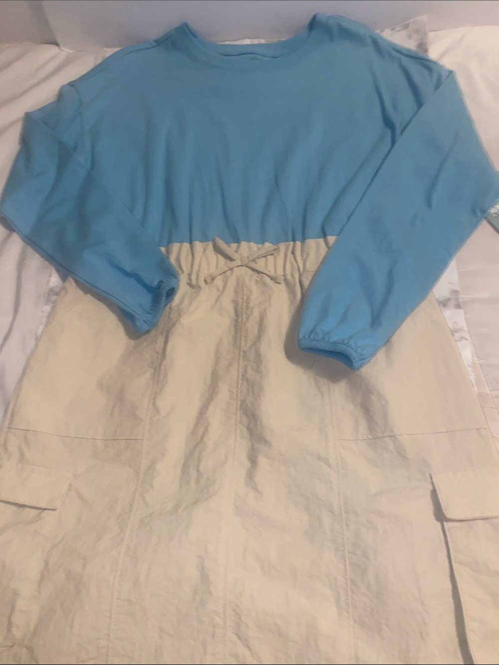 Magellan Outdoors Light Blue and Cream Long-Sleeve Casual Dress